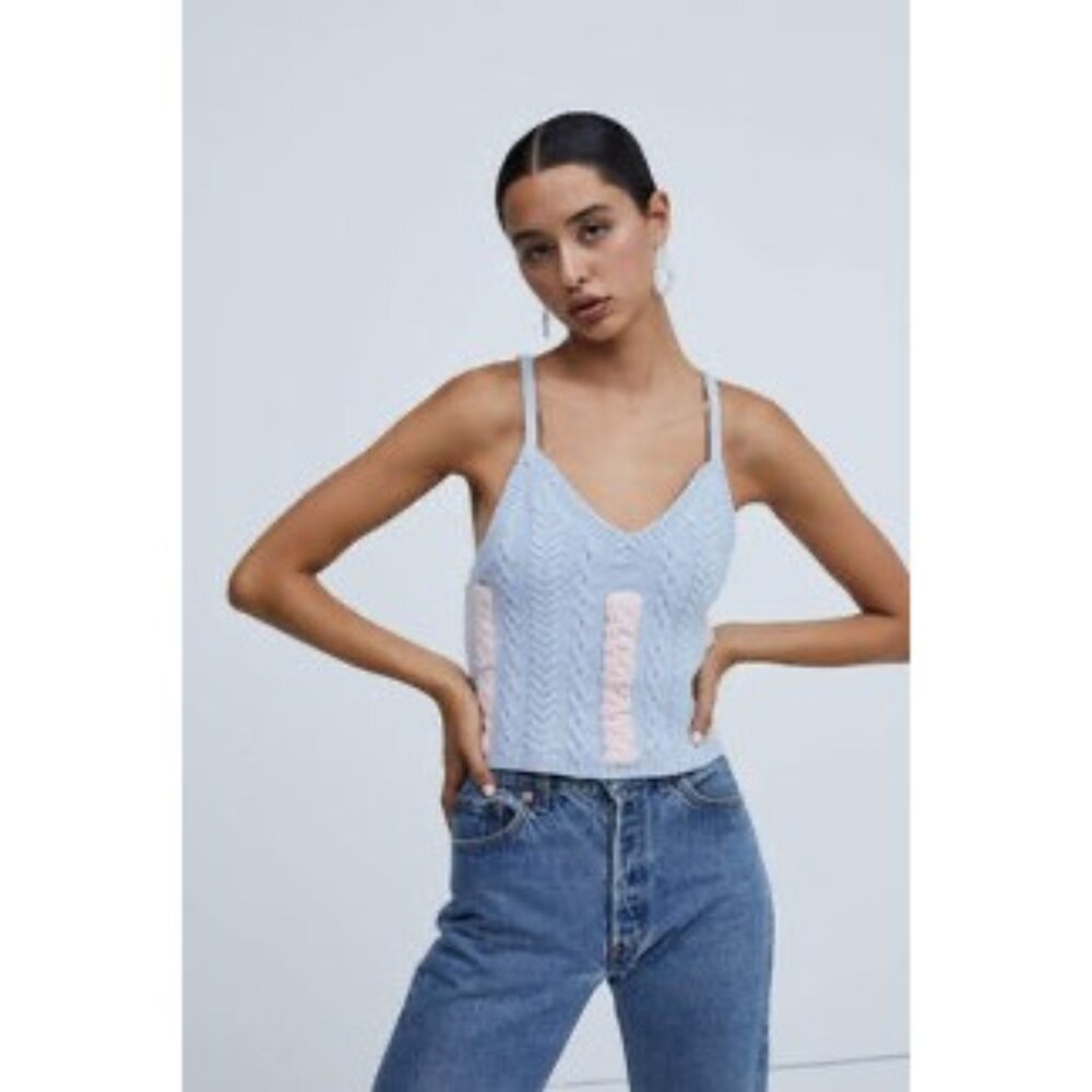 For Love & Lemons Blue & Pink Cable Knit 2-Piece Set Cropped Tank & Shrug XS/S - Picture 4 of 16